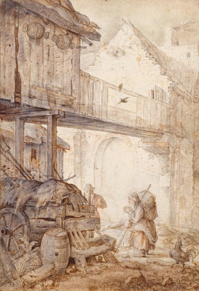Derelict Courtyard with a Beggar Woman, c. 1608 by Roelant Saverij